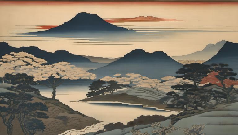 Ukiyo-E,Ukiyo-E, Nature, landscape, no humans, scenery, tree, mountain, outdoors, sky, landscape, sunset