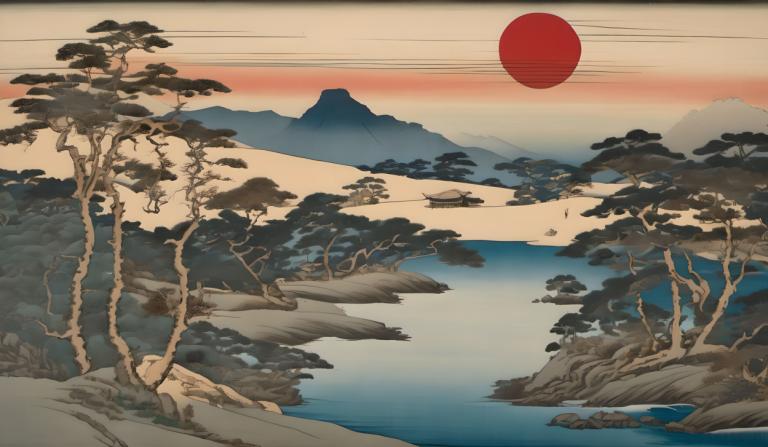 Ukiyo-E,Ukiyo-E, Nature, landscape, no humans, scenery, tree, mountain, outdoors, sun, sky, cloud, lake