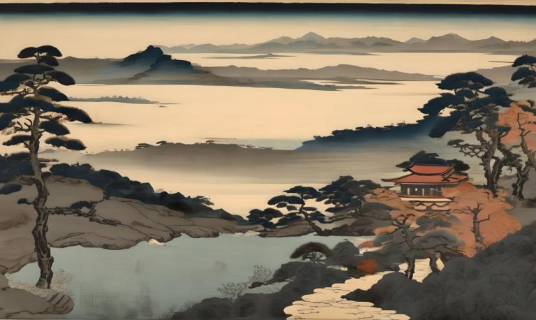 Ukiyo-E,Ukiyo-E, Natur, landskab, ingen mennesker, landskab, træ, udendørs, himmel, Sky, bjerg