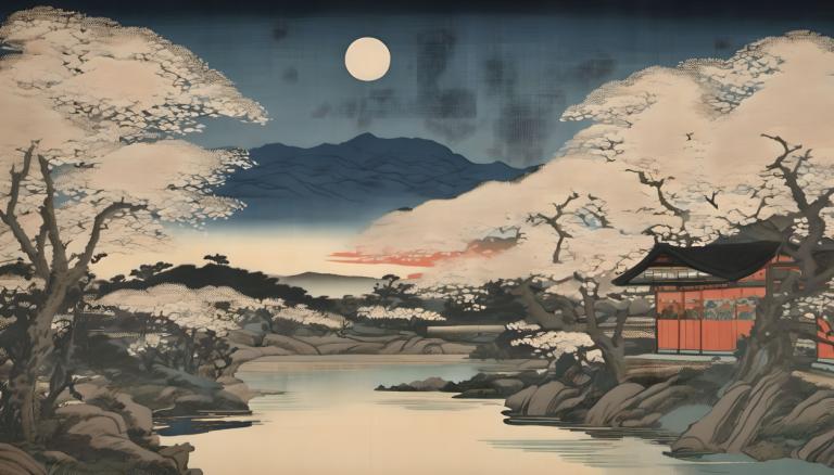 浮世絵,浮世絵, 自然, 風景, 人間がいない, 景色, 木, 月, 屋外, 山, 空, 満月, 雲, 東アジアの建築, 夜, 建築