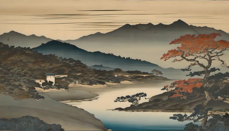 Ukiyo-E,Ukiyo-E, Nature, landscape, no humans, scenery, outdoors, mountain, tree, landscape, sky, water