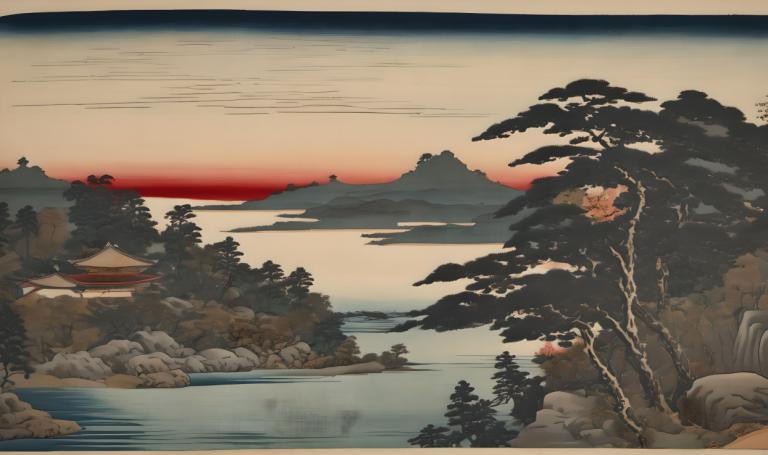 Ukiyo-E,Ukiyo-E, Natur, landskap, ingen mennesker, natur, tre, utendørs, elv, fjell, solnedgang, vann, himmel