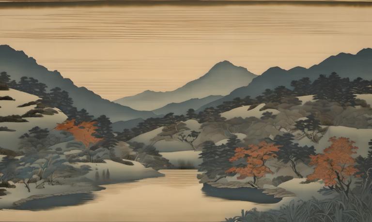 Ukiyo-E,Ukiyo-E, Nature, landscape, no humans, scenery, outdoors, tree, mountain, grass, nature, lake, river