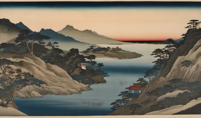 Ukiyo-E,Ukiyo-E, Φύση, τοπίο, όχι ανθρώπους, τοπίο, δέντρο, σε εξωτερικό χώρο, βουνό, νερό, ποτάμι, ουρανός