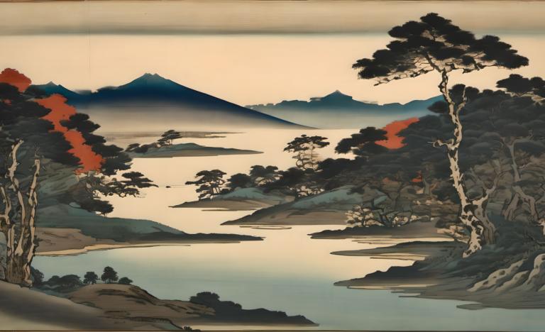 Ukiyo-E,Ukiyo-E, Nature, landscape, no humans, tree, scenery, outdoors, mountain, lake, landscape, nature