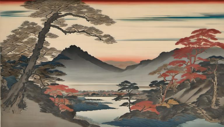 Ukiyo-E,Ukiyo-E, Nature, landscape, no humans, tree, scenery, outdoors, mountain, sky, lake, water, landscape