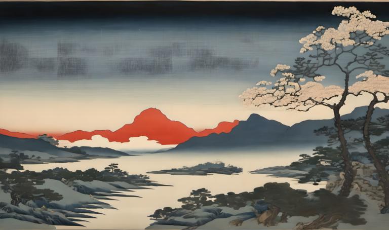 浮世絵,浮世絵, 自然, 風景, 木, 人間がいない, 景色, 山, 屋外, 空, 雲, 風景, 裸の木, 湖, 日没, 水