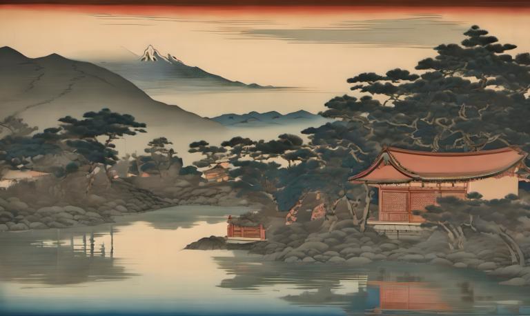 Ukiyo-E,Ukiyo-E, Nature, landscape, scenery, no humans, tree, mountain, outdoors, reflection