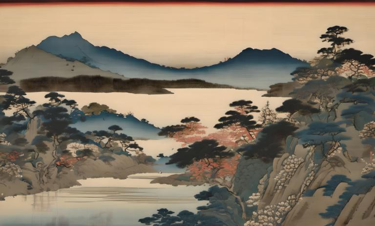 Ukiyo-E,Ukiyo-E, Nature, landscape, no humans, scenery, tree, mountain, outdoors, lake, river, reflection