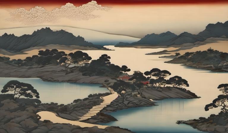 Ukiyo-E,Ukiyo-E, Natur, landskab, ingen mennesker, landskab, bjerg, udendørs, solnedgang, vand, træ