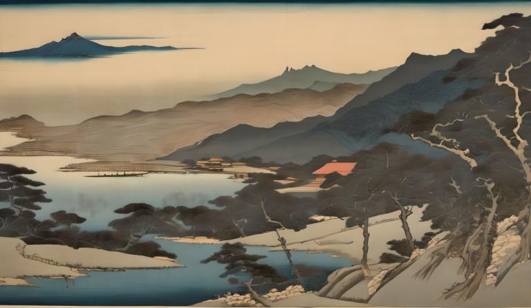 Ukiyo-E,Ukiyo-E, Natur, landskap, ingen mennesker, natur, tre, fjell, utendørs, landskap, himmel, bart tre