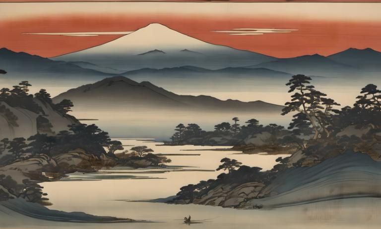 Ukiyo-E,Ukiyo-E, Nature, landscape, no humans, scenery, mountain, outdoors, tree, sky, landscape, nature