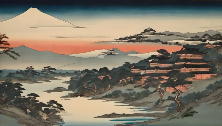 Ukiyo-E,Ukiyo-E, Nature, landscape, no humans, scenery, mountain, tree, outdoors, sky, landscape, sunset