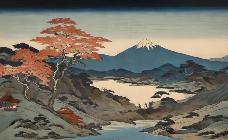 Ukiyo-E,Ukiyo-E, Nature, landscape, scenery, mountain, tree, no humans, outdoors, sky, landscape