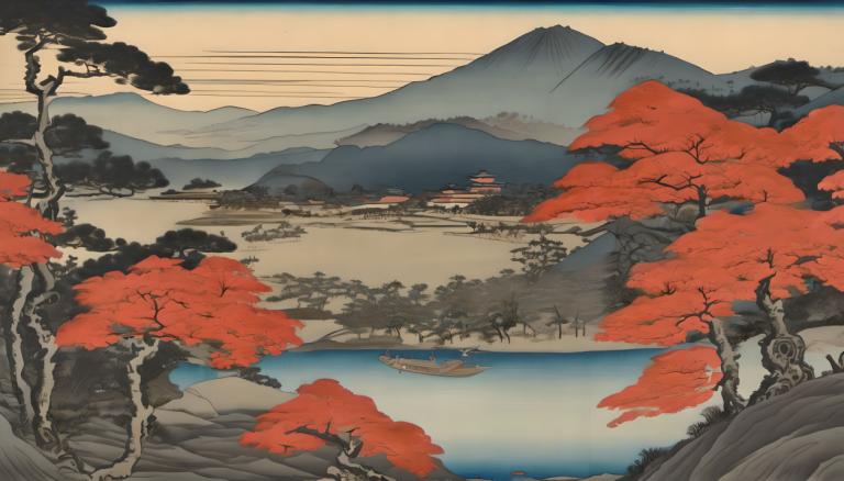 Ukiyo-E,Ukiyo-E, Nature, landscape, no humans, scenery, tree, mountain, outdoors, landscape, sky, river, lake