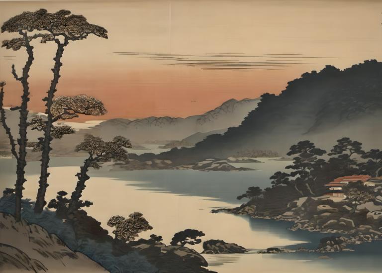 Ukiyo-E,Ukiyo-E, Nature, landscape, no humans, scenery, tree, outdoors, sunset, sky, mountain, river