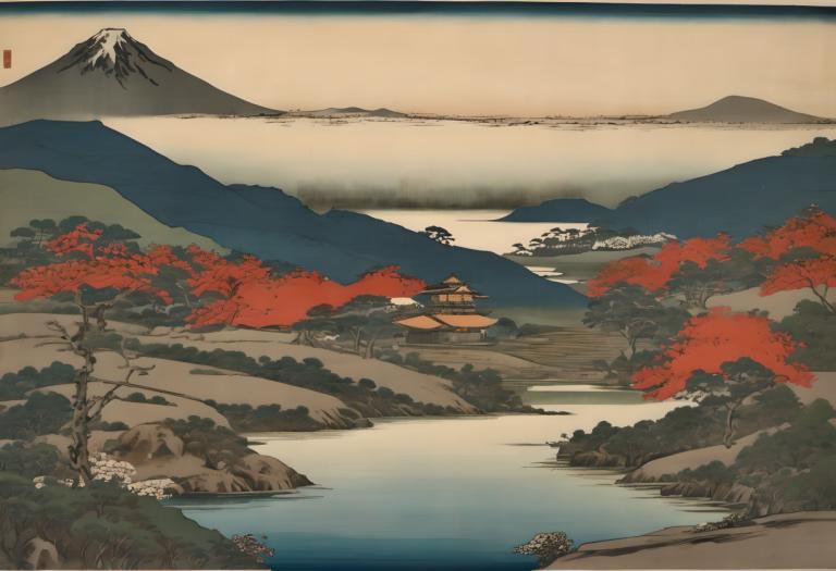 Ukiyo-E,Ukiyo-E, Nature, landscape, mountain, scenery, tree, no humans, outdoors, lake, landscape, river