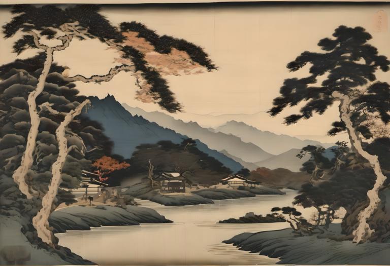 Ukiyo-E,Ukiyo-E, Natur, landskap, tre, ingen mennesker, natur, fjell, utendørs, kunstparodi