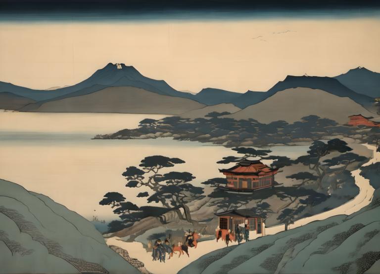 Ukiyo-E,Ukiyo-E, Nature, landscape, tree, outdoors, mountain, scenery, multiple boys, east asian architecture