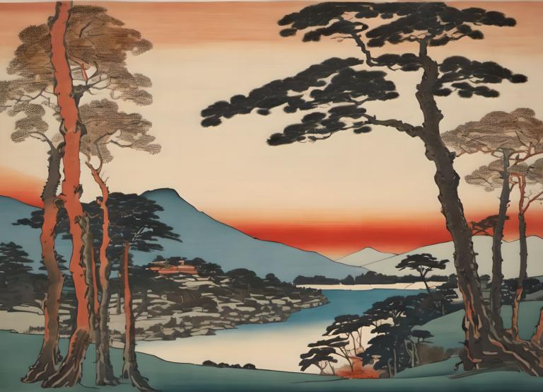 Ukiyo-E,Ukiyo-E, Nature, landscape, no humans, tree, scenery, mountain, outdoors, sunset, landscape