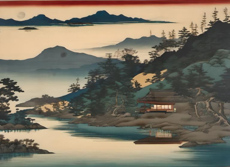 Ukiyo-E,Ukiyo-E, Nature, landscape, no humans, scenery, tree, mountain, outdoors, sky, river, nature, moon