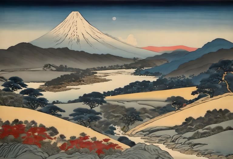 Ukiyo-E,Ukiyo-E, Natuur, landschap, berg, landschap, geen mensen, boom, buitenshuis, lucht, landschap, maan