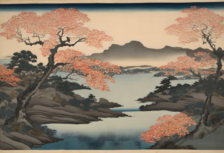 Ukiyo-E,Ukiyo-E, Natur, Landschaft, keine Menschen, Baum, Landschaft, draußen, See, Grenze, Berg, Wasser