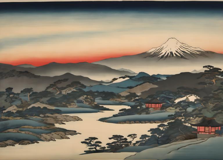 Ukiyo-E,Ukiyo-E, Nature, landscape, no humans, mountain, scenery, outdoors, sky, landscape, sunset, cloud