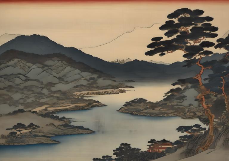 Ukiyo-E,Ukiyo-E, Nature, landscape, no humans, scenery, tree, mountain, outdoors, river, lake, landscape, sky