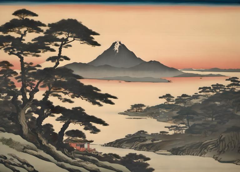 Ukiyo-E,Ukiyo-E, Natur, Landschaft, Landschaft, Baum, keine Menschen, Berg, draußen, Landschaft