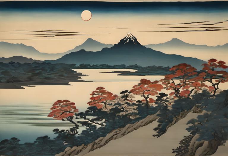 Ukiyo-E,Ukiyo-E, Nature, landscape, no humans, scenery, tree, mountain, outdoors, lake, sky, reflection