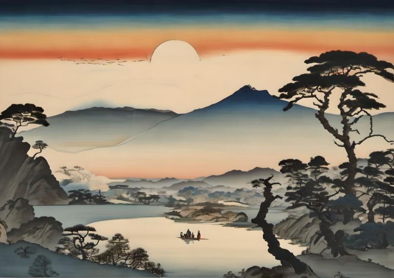 Ukiyo-E,Ukiyo-E, Nature, landscape, tree, scenery, mountain, outdoors, landscape, sunset, sky, nature