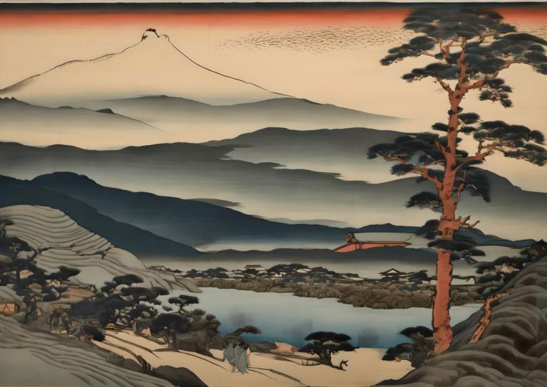 Ukiyo-E,Ukiyo-E, Nature, landscape, tree, scenery, mountain, outdoors, no humans, landscape, sky, bird, water