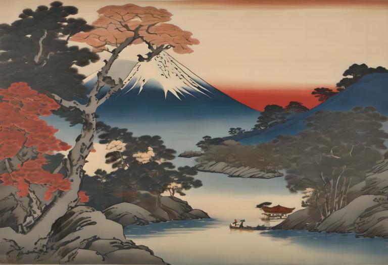 Ukiyo-E,Ukiyo-E, Nature, landscape, tree, scenery, mountain, no humans, outdoors, water, landscape, lake