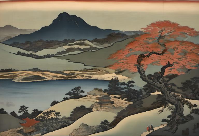 Ukiyo-E,Ukiyo-E, Nature, landscape, tree, scenery, mountain, outdoors, landscape