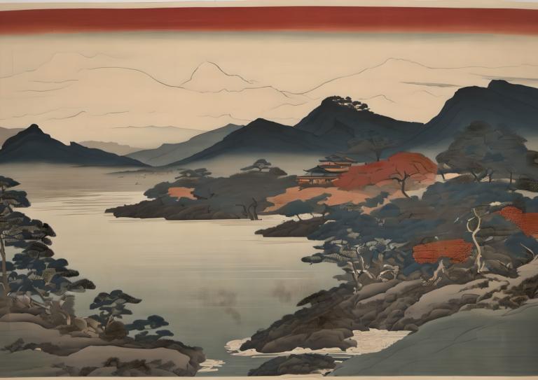 Ukiyo-E,Ukiyo-E, Nature, landscape, no humans, scenery, mountain, tree, outdoors, sky, water, cloud