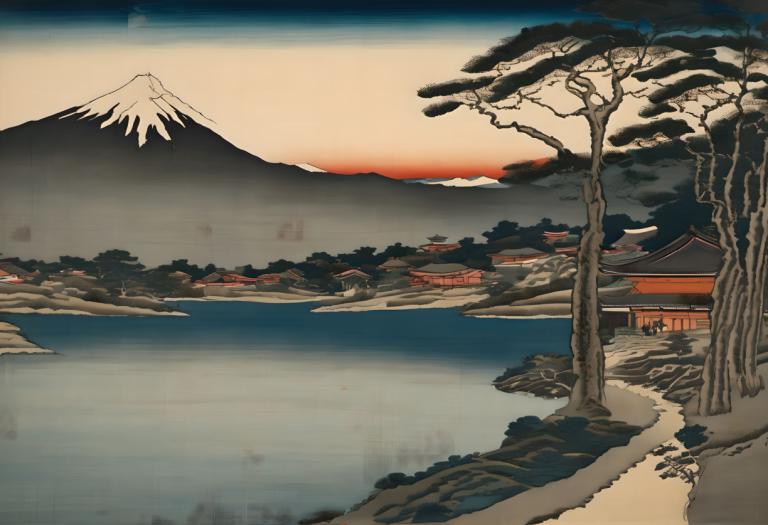 Ukiyo-E,Ukiyo-E, Nature, landscape, no humans, scenery, tree, mountain, outdoors, bare tree, sky