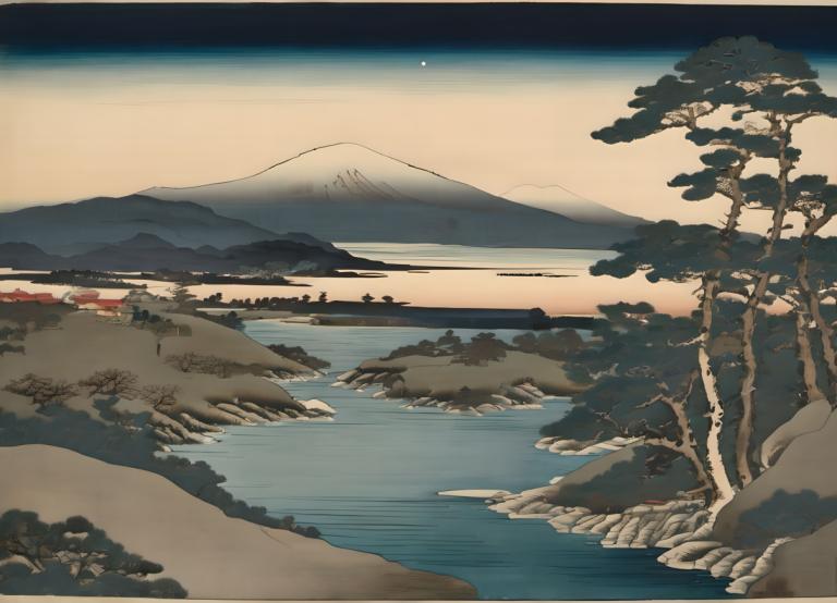 Ukiyo-E,Ukiyo-E, Nature, landscape, no humans, scenery, tree, mountain, outdoors, sky, landscape, moon, lake