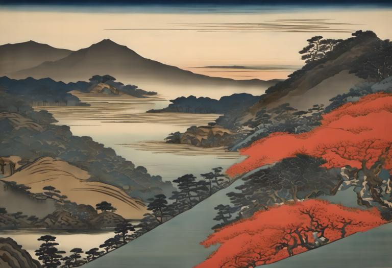 Ukiyo-E,Ukiyo-E, Nature, landscape, no humans, scenery, tree, mountain, outdoors, landscape, river, lake