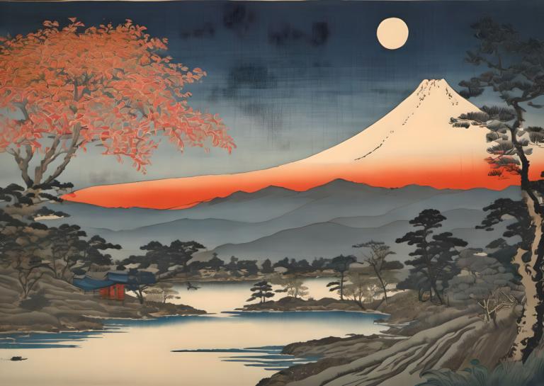 Ukiyo-E,Ukiyo-E, Nature, landscape, moon, no humans, tree, scenery, mountain, full moon, outdoors, sky, night