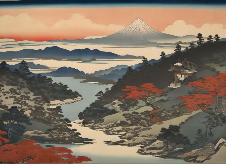 Ukiyo-E,Ukiyo-E, Nature, landscape, scenery, mountain, tree, no humans, outdoors, sky, landscape, sunset