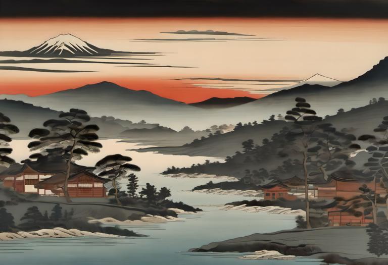 Ukiyo-E,Ukiyo-E, Nature, landscape, no humans, scenery, mountain, tree, outdoors, sunset, sky, house