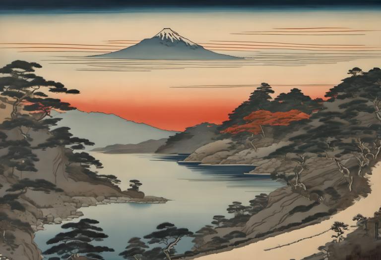 Ukiyo-E,Ukiyo-E, Natur, Landschaft, keine Menschen, Landschaft, Berg, Baum, draußen, See, Landschaft, Natur