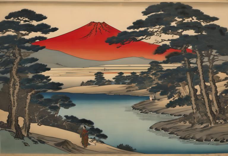 Ukiyo-E,Ukiyo-E, Nature, landscape, tree, scenery, mountain, outdoors, fine art parody, water