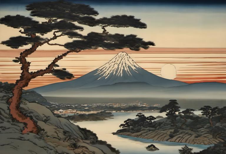 Ukiyo-E,Ukiyo-E, Nature, landscape, no humans, scenery, tree, mountain, outdoors, sky, sun, landscape, sunset