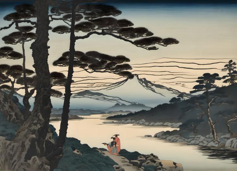 Ukiyo-E,Ukiyo-E, Příroda, krajina, strom, venku, scenérie, sólo, hora, 1 dívka, nebe, sedící, černé vlasy