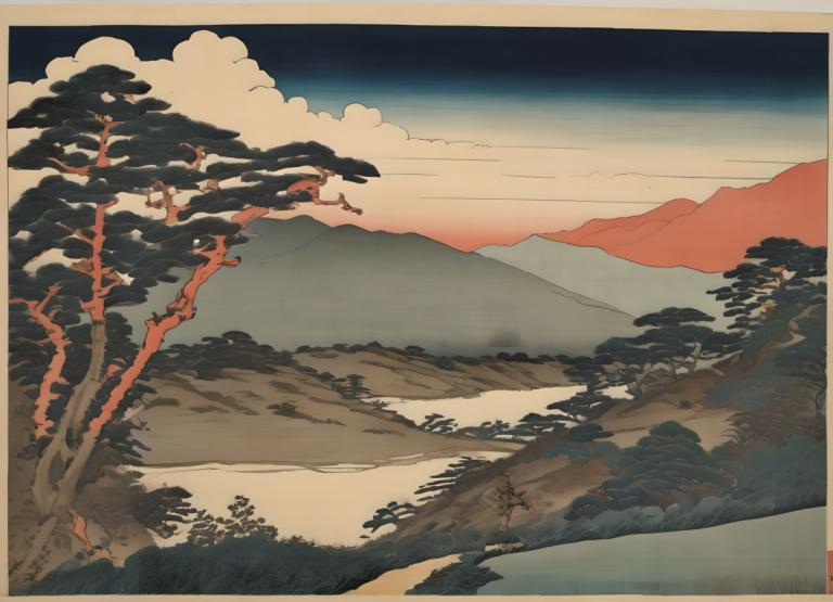 Ukiyo-E,Ukiyo-E, Nature, landscape, tree, scenery, no humans, outdoors, sky, cloud, mountain, border