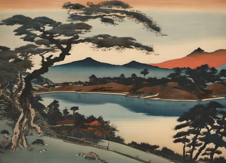 Ukiyo-E,Ukiyo-E, Natura, paesaggio, nessun essere umano, albero, scenario, all'aperto, fiume, acqua, lago