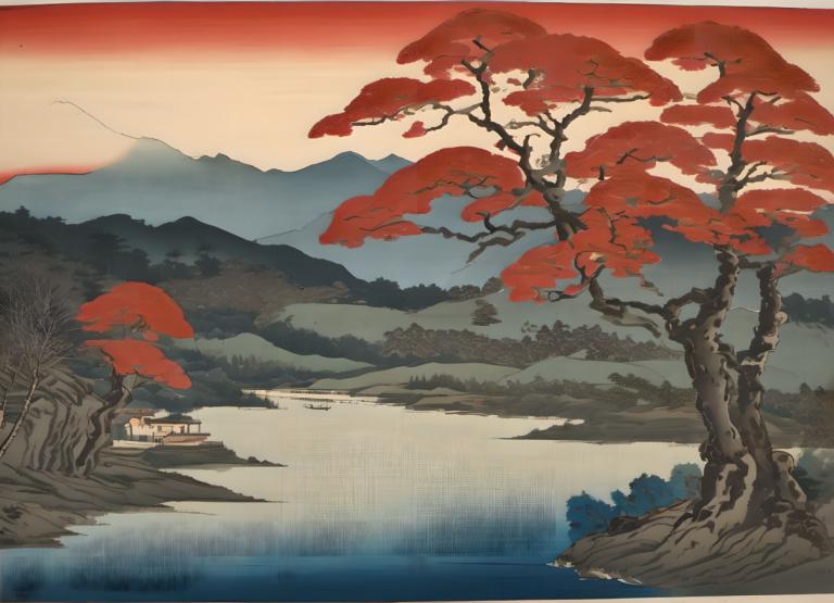 Ukiyo-E,Ukiyo-E, Nature, landscape, no humans, tree, scenery, outdoors, mountain, water, sky, lake, river