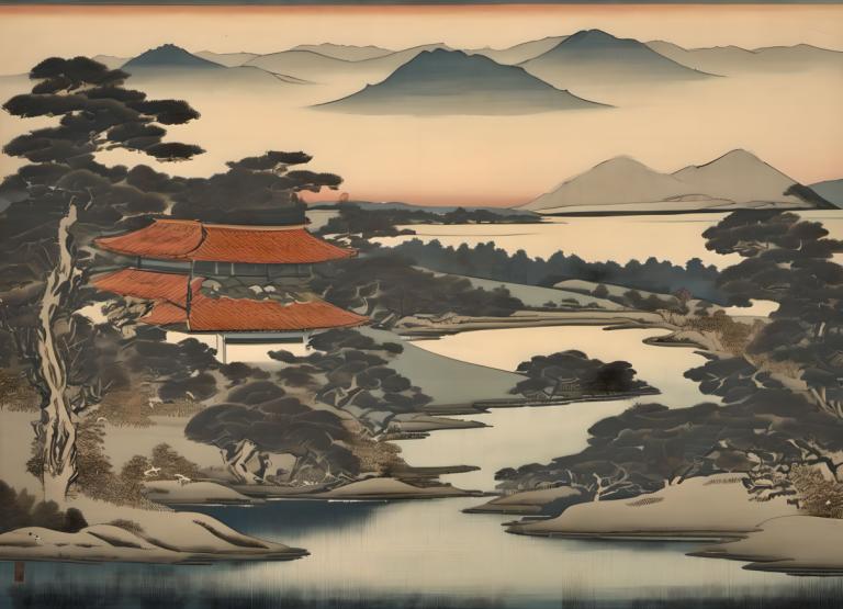 Ukiyo-E,Ukiyo-E, Nature, landscape, no humans, scenery, tree, outdoors, mountain, lake, reflection, nature